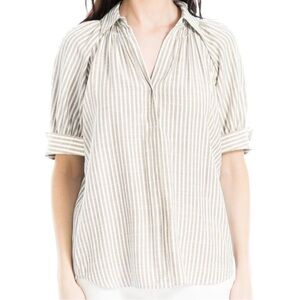 Max Studio London Taupe Beige Striped Blouse 3X Roll Tab Sleeve Tunic NWT